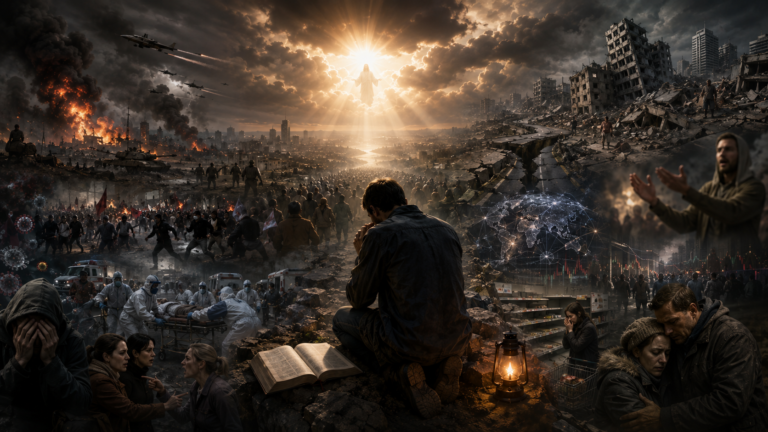 Hombre orando con una Biblia abierta mientras el mundo enfrenta guerras, terremotos y crisis, inspirado en Mateo 24:6-13 sobre las señales del fin de los tiempos.
