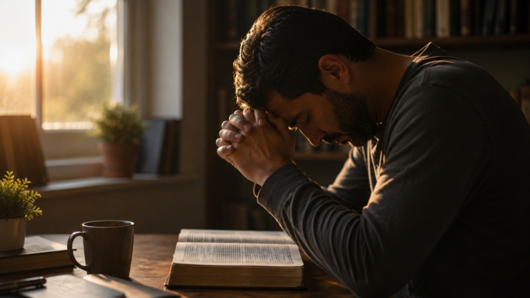 Hombre cristiano orando con reverencia frente a una Biblia abierta, reflejando la enseñanza de Jesús sobre cómo orar al Padre.