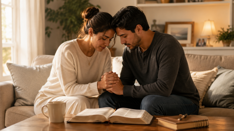 Esposa cristiana orando junto a su esposo en el hogar, reflejando el amor, la fidelidad y la sabiduría de una mujer virtuosa según la Biblia.