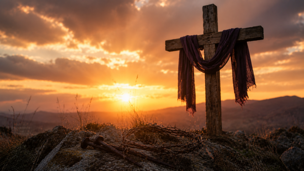 Cruz de madera con una corona de espinas y clavos al atardecer, simbolizando el sacrificio de Jesucristo que pagó el precio de nuestra salvación.
