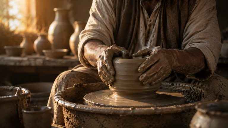 Alfarero moldeando una vasija de barro con sus manos, representando cómo Dios transforma y restaura la vida de quienes se rinden a Él.