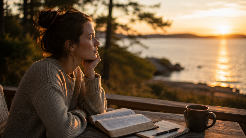 Creyente meditando en la Palabra de Dios desde un mirador natural, buscando sabiduría, discernimiento y sentido común para tomar decisiones conforme a la voluntad de Dios.