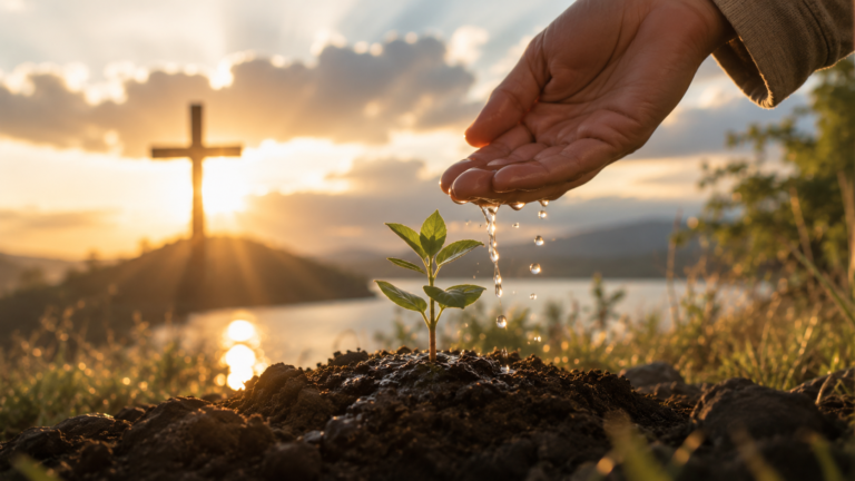 Pequeño brote creciendo en tierra fértil bajo la luz del amanecer, simbolizando el nuevo nacimiento espiritual y la nueva vida en Cristo.